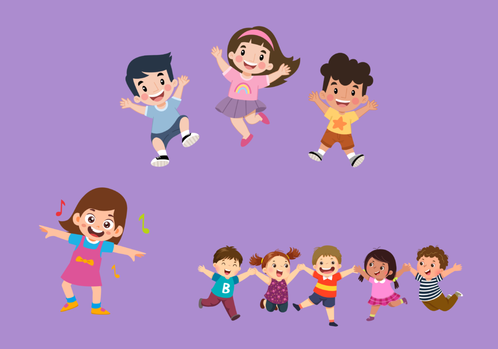 Artwork portraying kinds having fun. jumping, laughing.