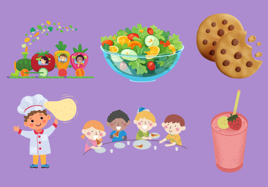 fun art portraying little chefs, salad, vegetable and cookies